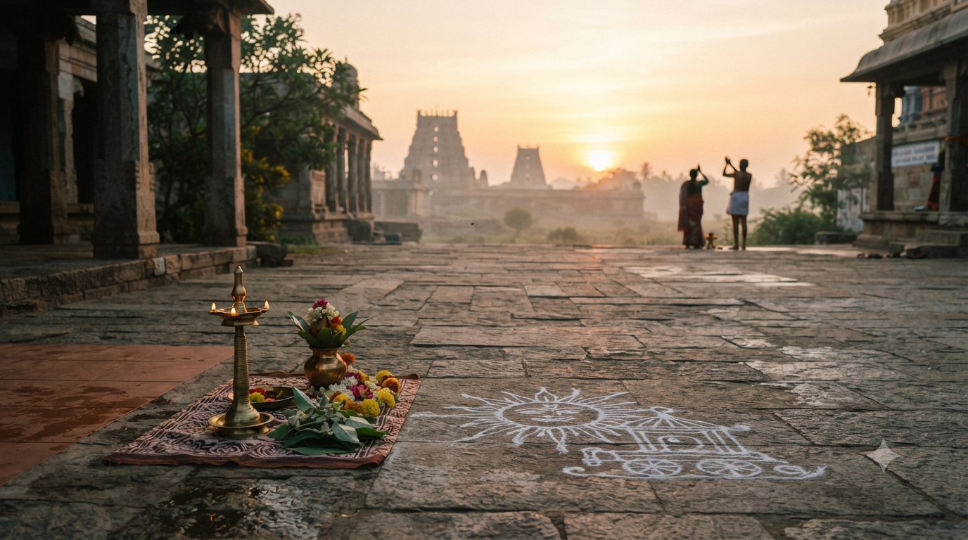 Ratha Saptami 2027 sunrise arghya ritual with brass vessel, diya and traditional kolam
