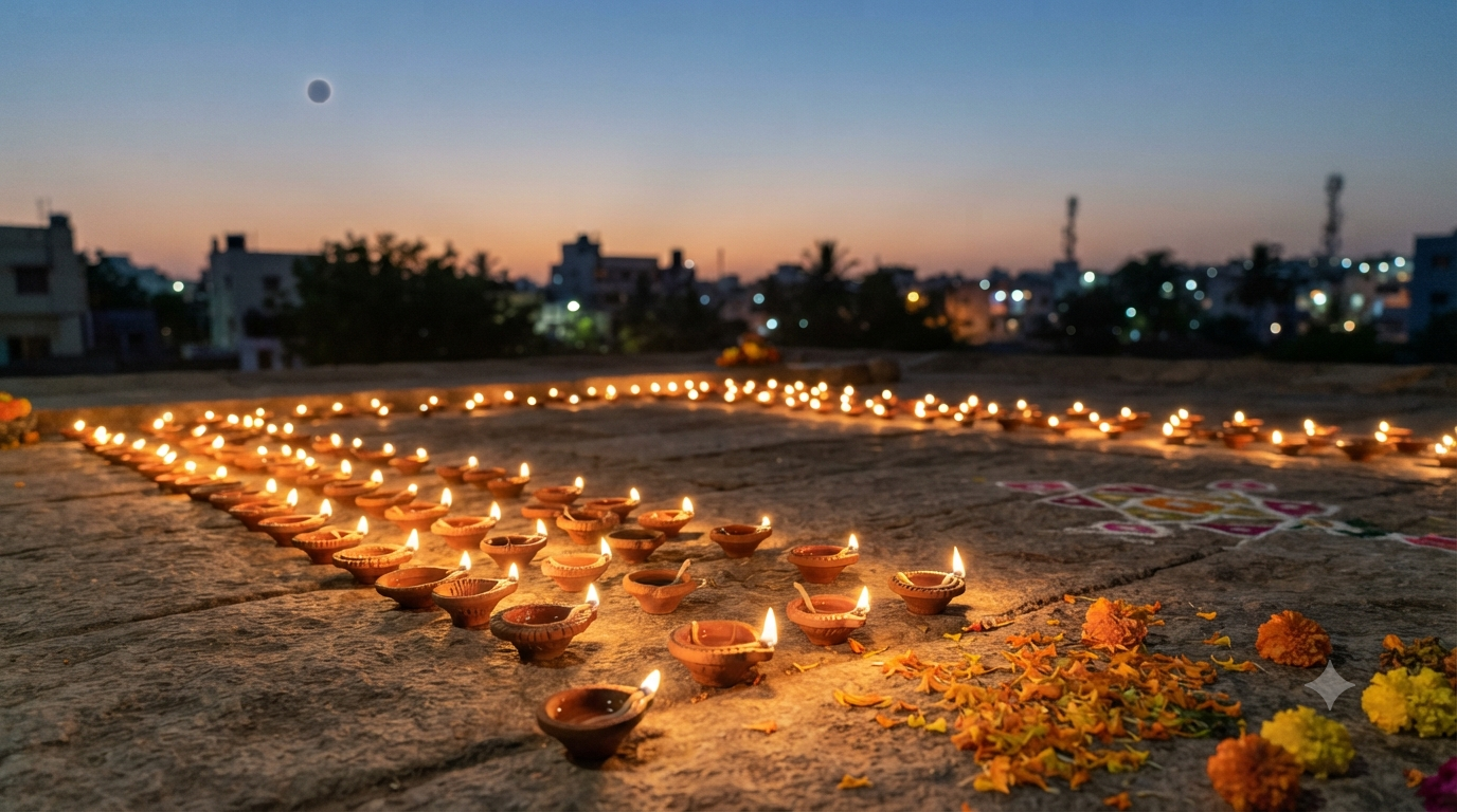 Surya Grahan 2026 India facts with Deepavali diyas and symbolic eclipse