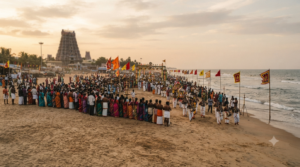 Tiruchendur Skanda Sashti 2026 festival crowd near the seashore before Soorasamharam