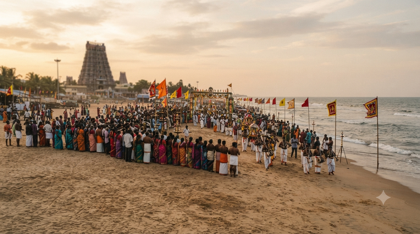 Tiruchendur Skanda Sashti 2026 festival crowd near the seashore before Soorasamharam