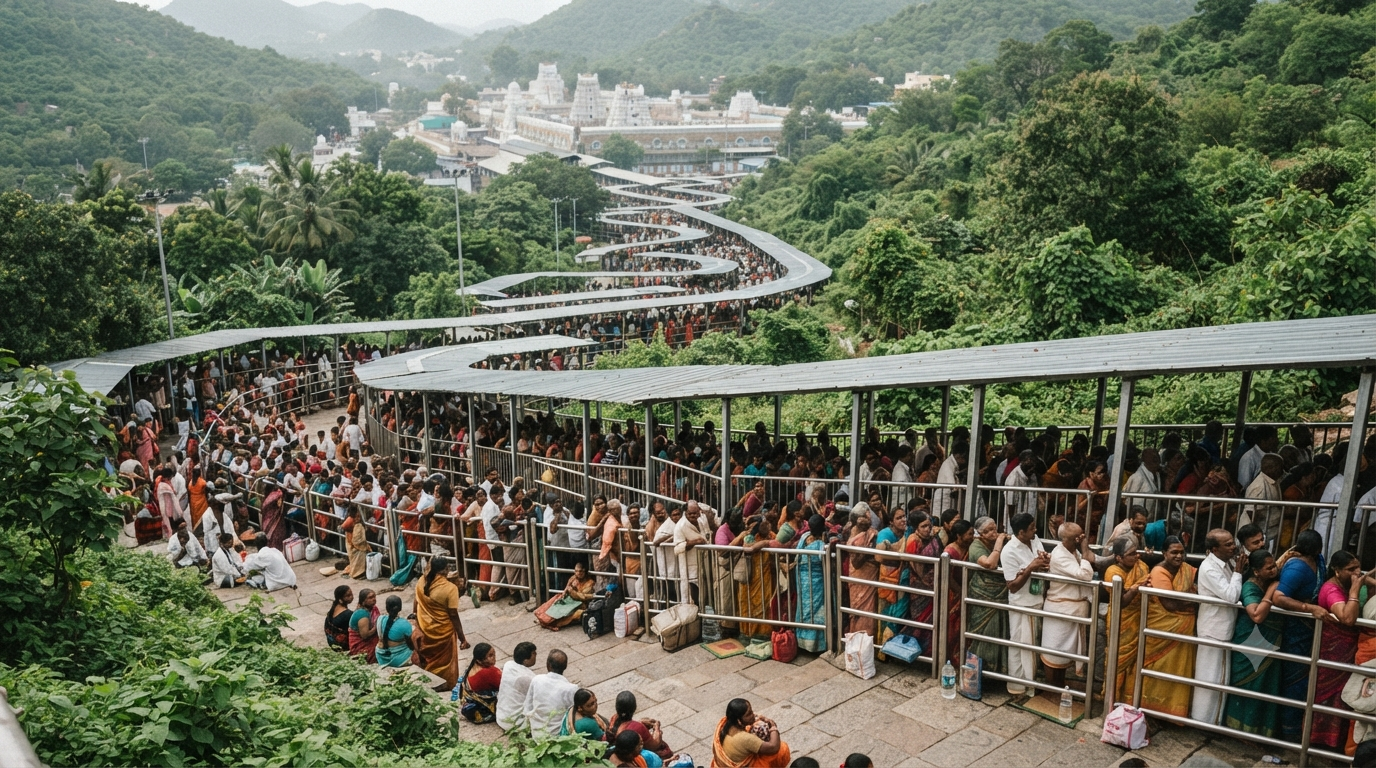 Tirumala free darshan pilgrims waiting in a crowded queue
