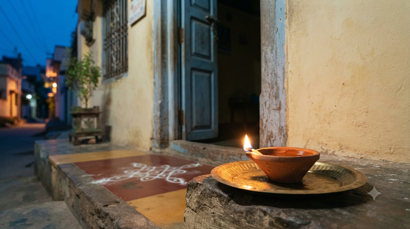 Yama Deepam 2026 south-facing oil lamp near a home entrance at dusk