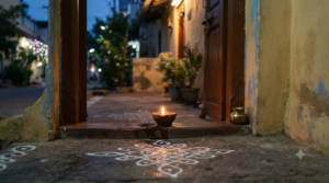 Yama Deepam 2026 lamp outside a Tamil home at dusk