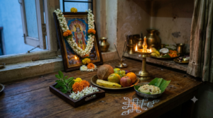 Dhanurmasam puja vidhanam home altar with brass lamp, tulasi, flowers and Pongal