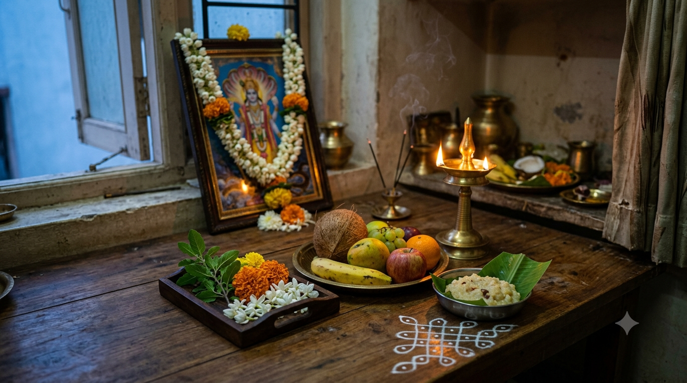 Dhanurmasam puja vidhanam home altar with brass lamp, tulasi, flowers and Pongal