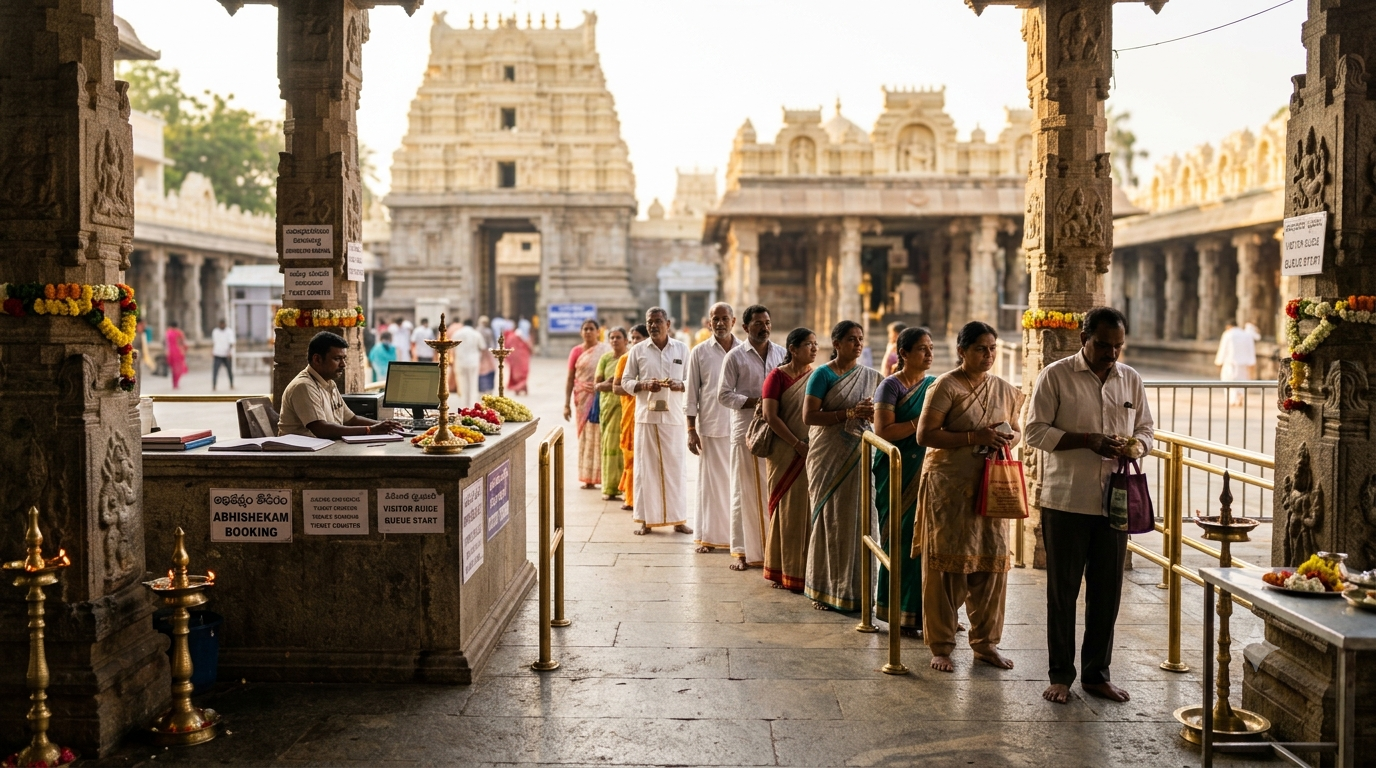 Kadiri temple abhishekam booking guide showing devotees near a South Indian temple entrance