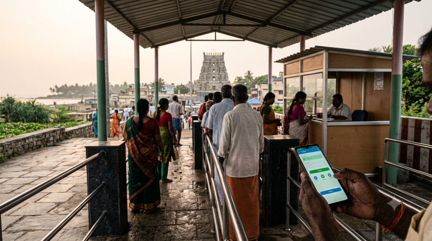 Tiruchendur Shanmuga archana booking concept with devotees checking official temple service information