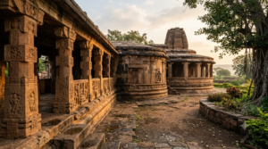 Aihole Durga temple architecture featuring an apsidal plan, sandstone pillars and Chalukya carvings
