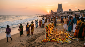 Tiruchendur Skanda Sashti festival with devotees, oil lamps and coastal temple atmosphere