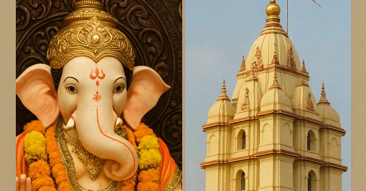 Mumbai Siddhi Vinayaka Swamy Temple timings chart showing daily opening and closing hours with images of Lord Ganesha and the temple tower.