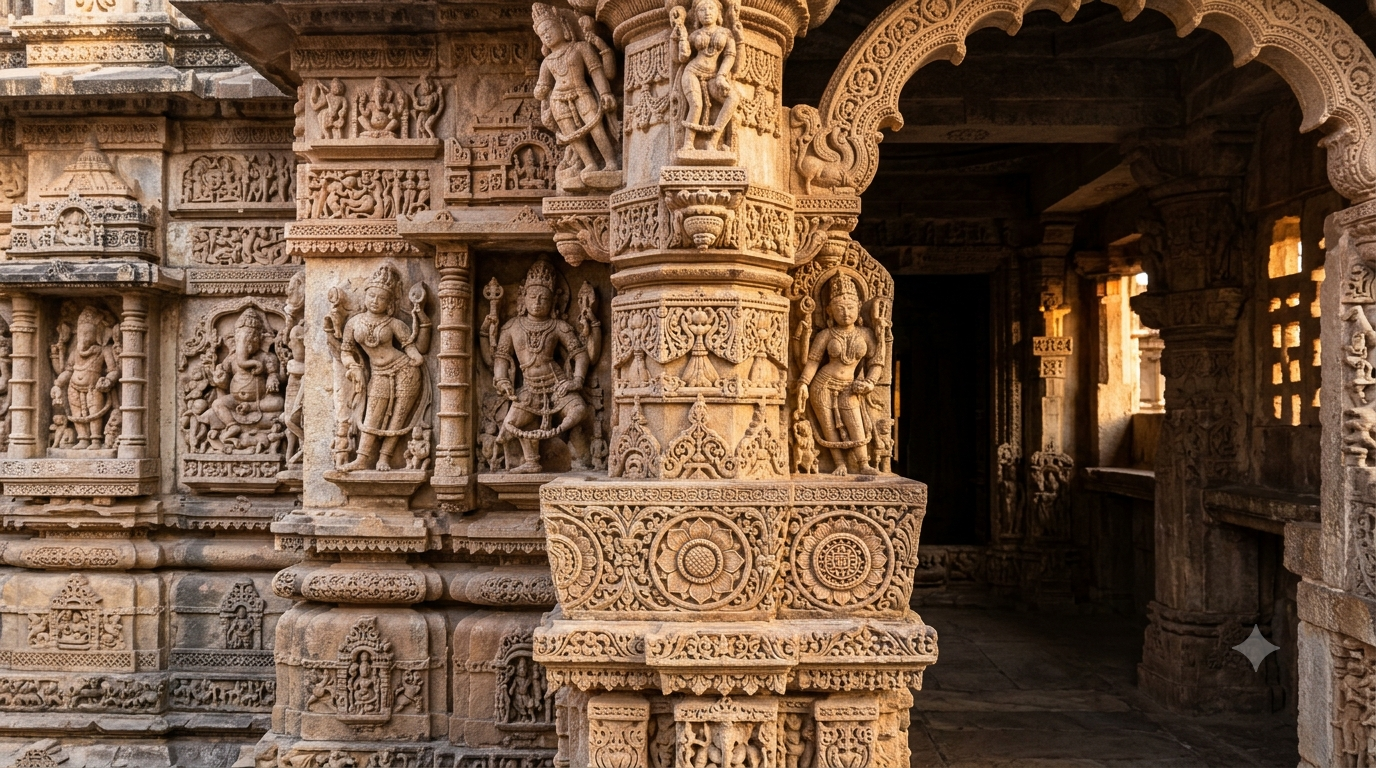 Temple iconography featuring lotus motifs, guardian sculptures and traditional Indian temple carvings