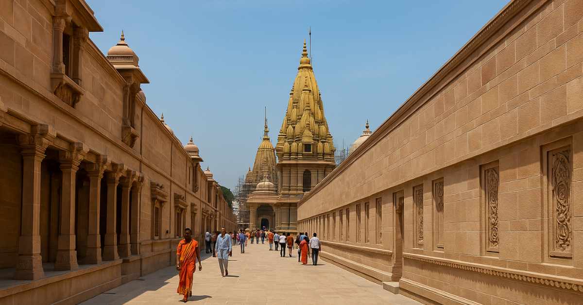Kashi Vishwanath Corridor expansion in Varanasi showing pilgrims walking toward the temple under clear blue sky