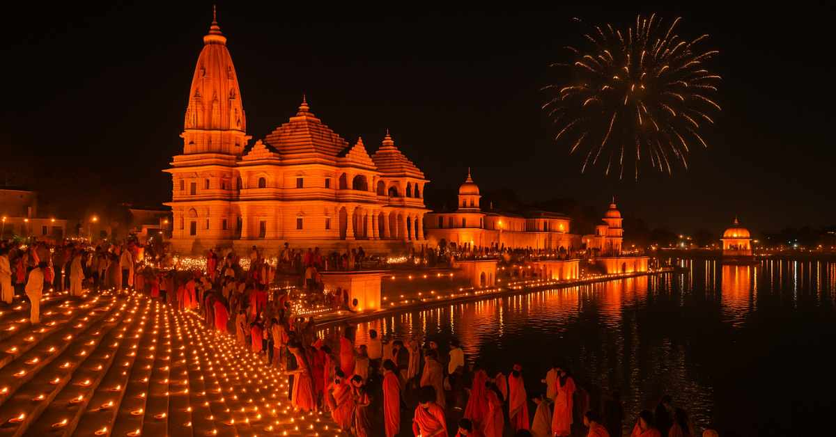 Ram Temple Ayodhya Diwali 2025 Deepotsav celebration with diyas and fireworks over Sarayu River