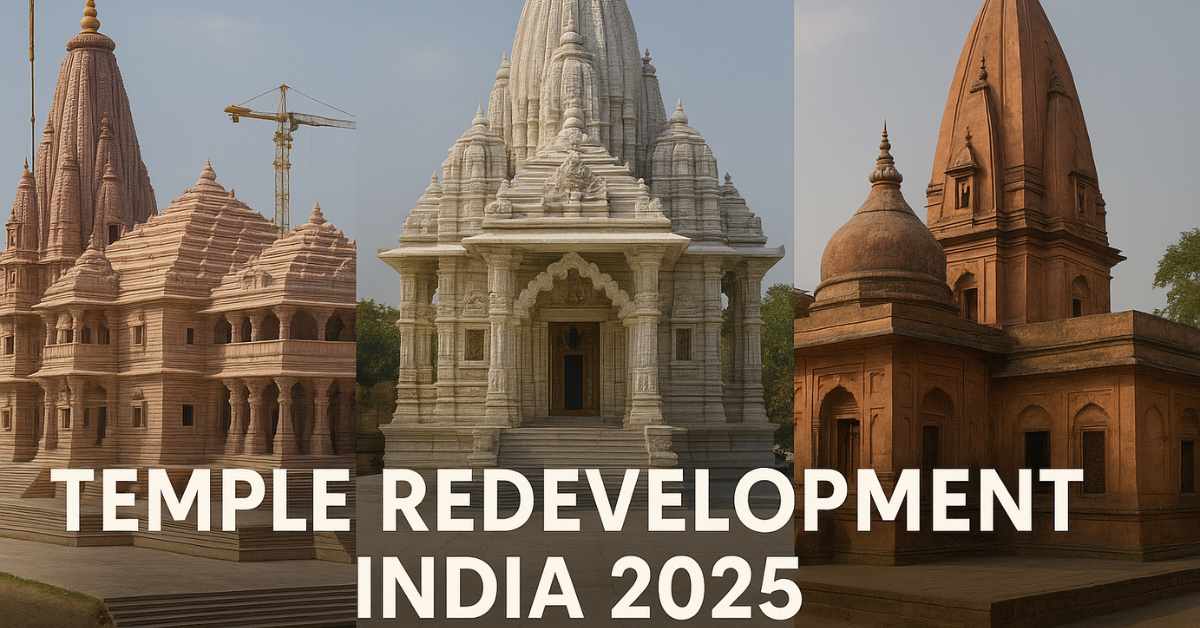 5 Grand Temple Redevelopments Temple redevelopment India 2025 featuring Ayodhya Ram Mandir, Hutheesing Jain Temple, and Patiala Kali Temple restoration projects