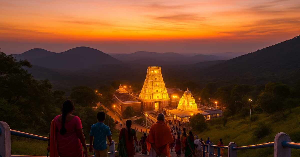 Devotees ascending Tirumala hill temple at dusk — visit Tirumala & Tirupati pilgrimage