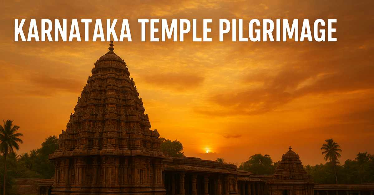 Karnataka temple pilgrimage – ancient Dravidian temple tower at sunset with golden sky and sacred architecture