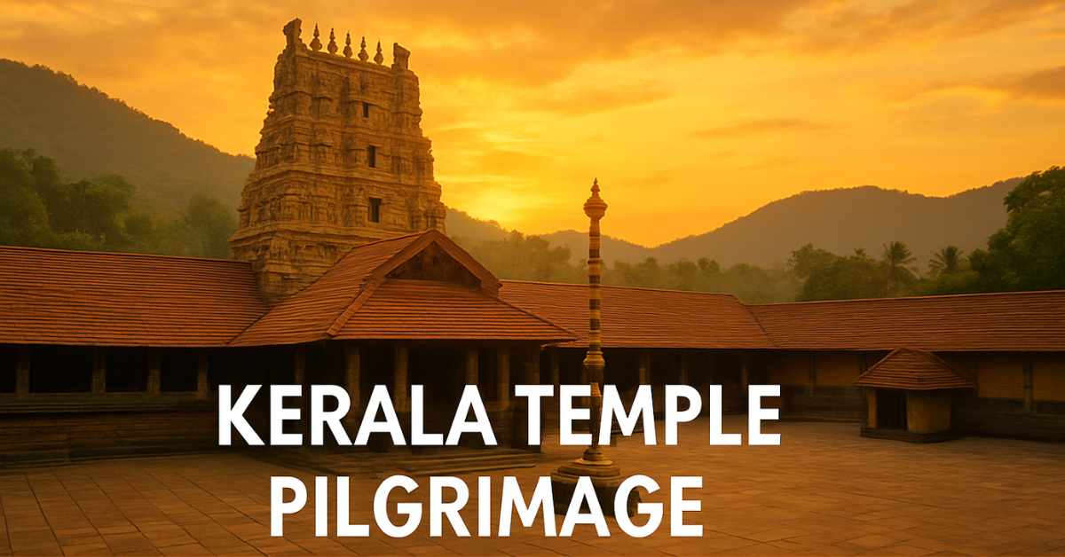 Kerala temple pilgrimage – traditional temple at sunset with golden sky and serene courtyard