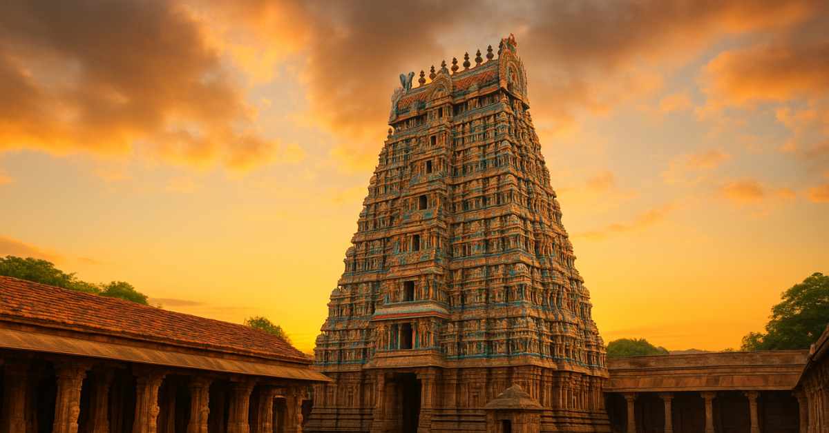 Tamil Nadu temple pilgrimage – ancient Dravidian temple gopuram glowing under a golden sunset sky