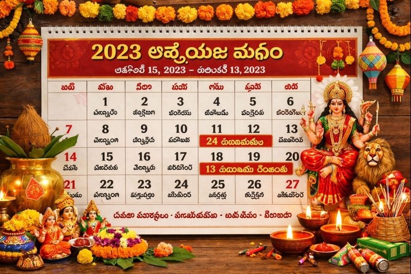 2023 Ashwayuja Masam Telugu calendar with dates and festival symbols