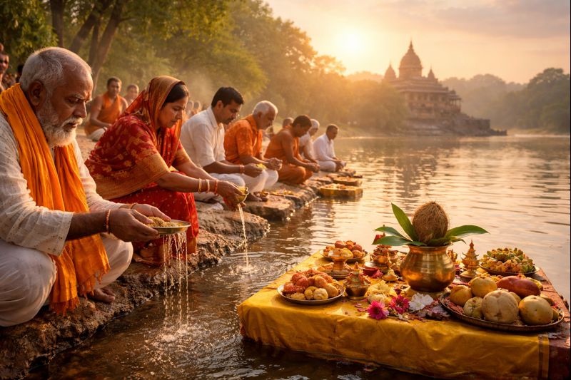 2023 Chaitra Amavasya Puja devotees performing rituals by river