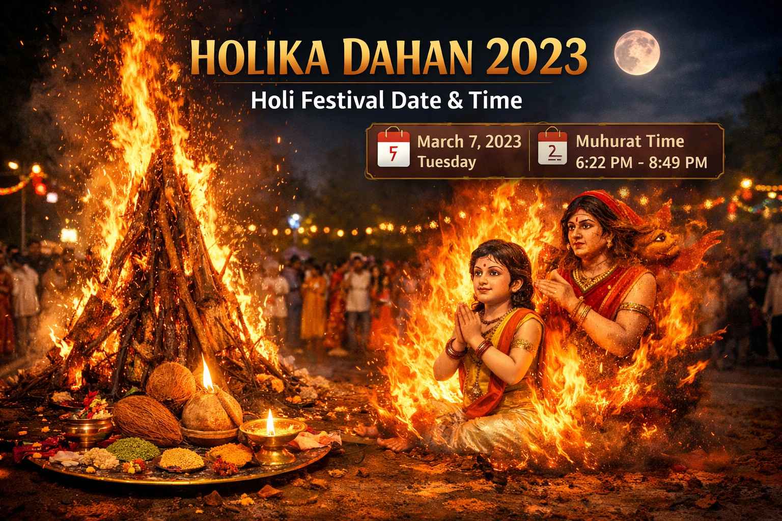 Holi Festival Holika Dahan ritual bonfire at night