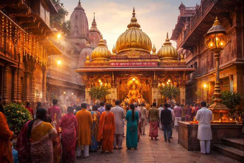 Kashi Annapurna Devi Temple Varanasi with devotees at sunrise.