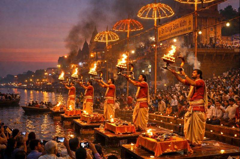 Kashi Dashashwamedh Ghat Ganga Aarti at sunset with priests and lamps