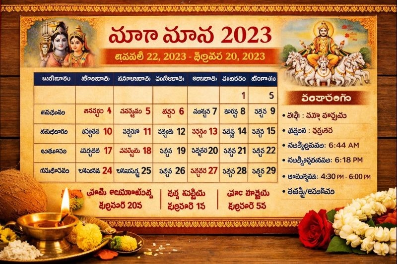 Magha Masam 2023 Telugu calendar with tithi and Panchangam details