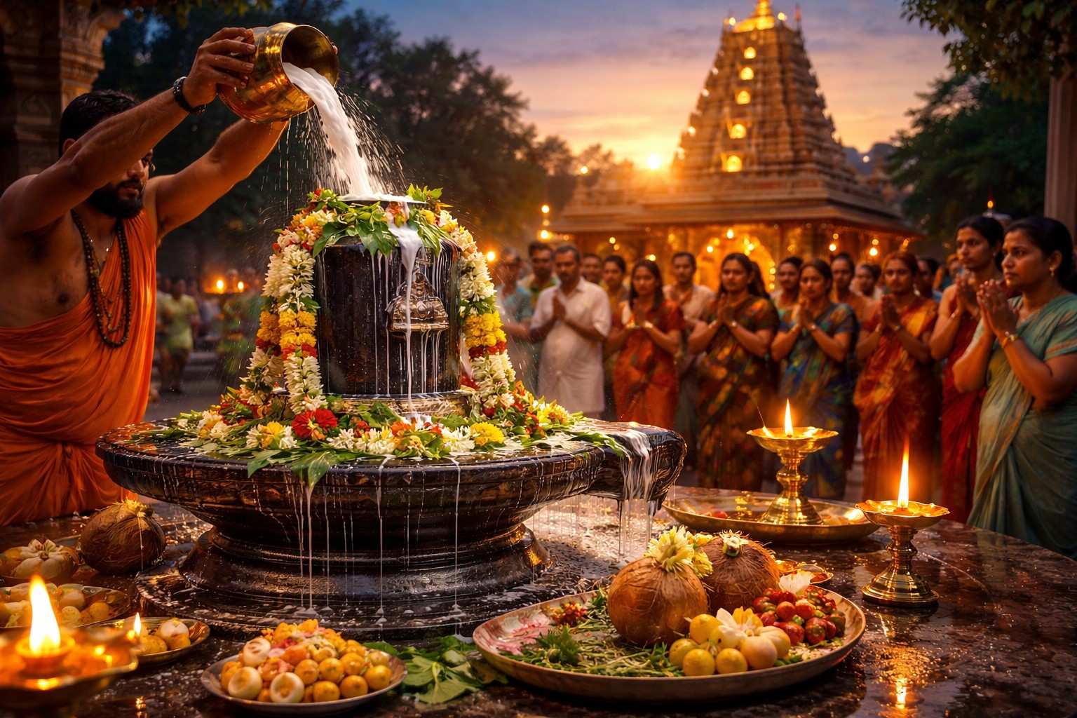 Pradosham Dates 2023 Pradosham with Shiva temple during puja at sunset