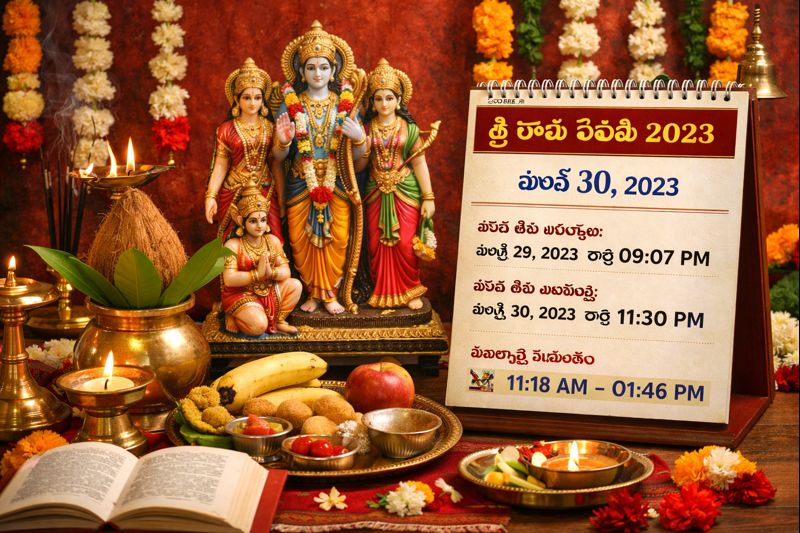 Sri Rama Navami 2023 puja setup with calendar and deity
