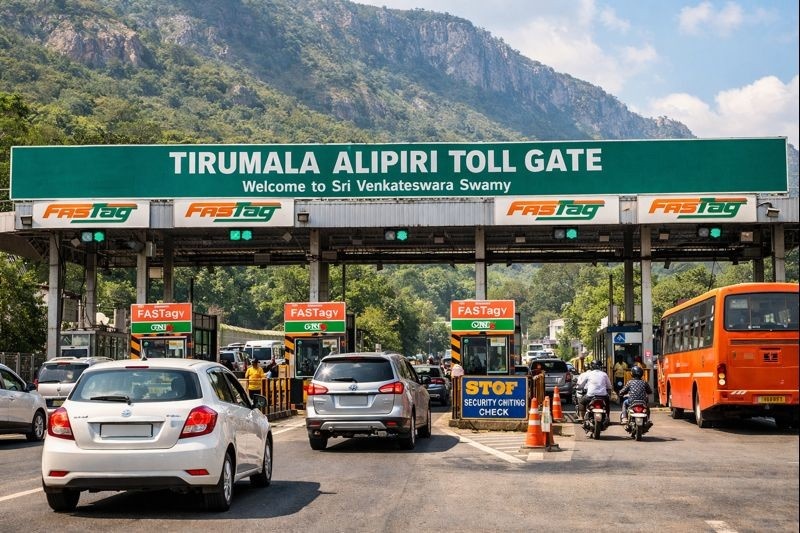 Tirumala Alipiri Toll Plaza with Fastag traffic and toll booths.