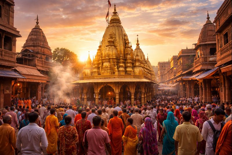 Varanasi Kashi Vishwanath Temple at sunrise with devotees