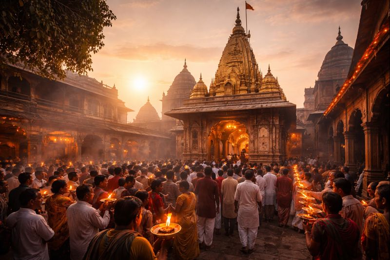 Varanasi Kashi Vishwanath Temple sunrise aarti scene