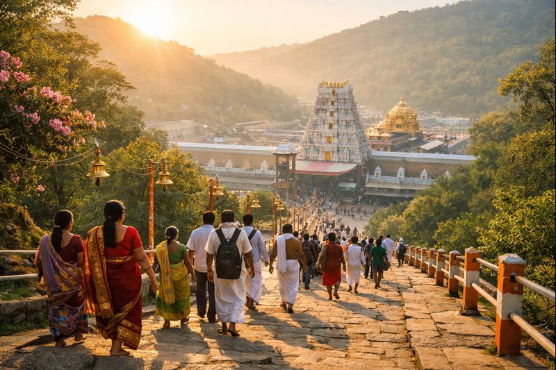 2023 April Month Tirumala pilgrims walking up to the temple.