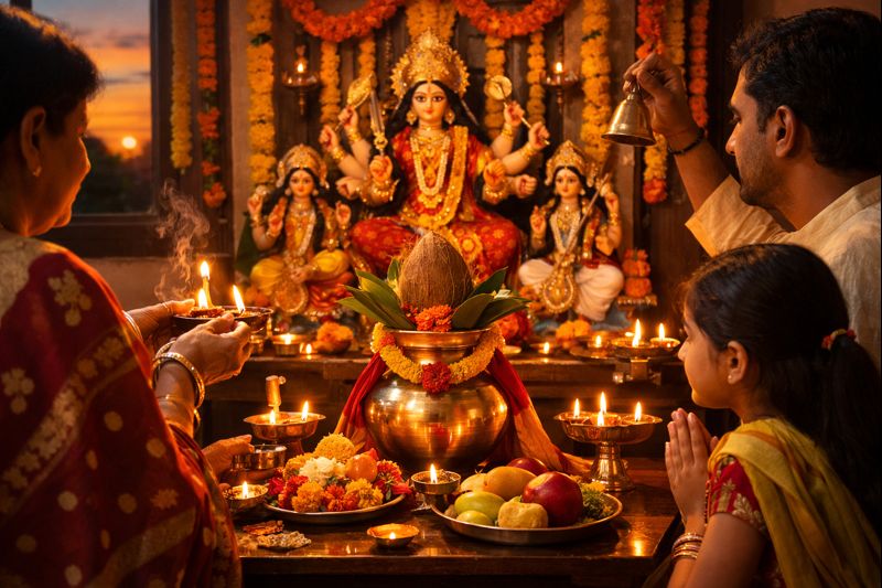 2023 Chaitra Navratri Durga Ashtami puja with kalash and diya lamps.