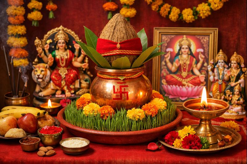 2023 Chaitra Navratri Pooja setup with Kalash and offerings
