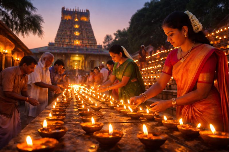 2023 Karthigai Masam Start date description with devotees lighting oil lamps.