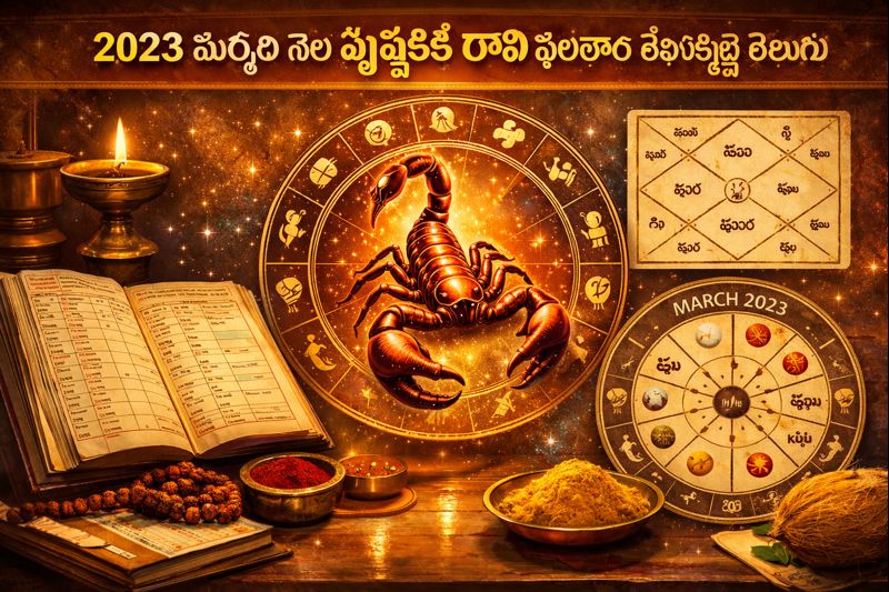 2023 March Month Vrischika Rasi Phalithalu Shobhakruth Telugu horoscope illustration