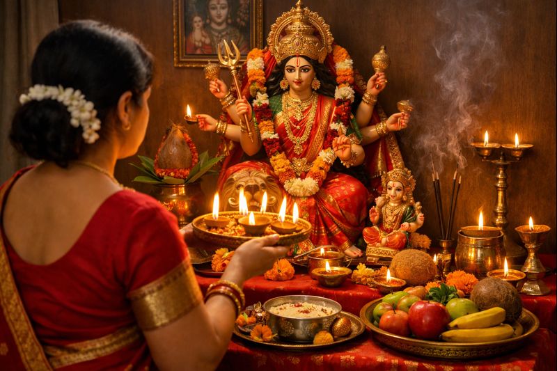 2023 Masik Durga Ashtami devotional puja setup for Goddess Durga.