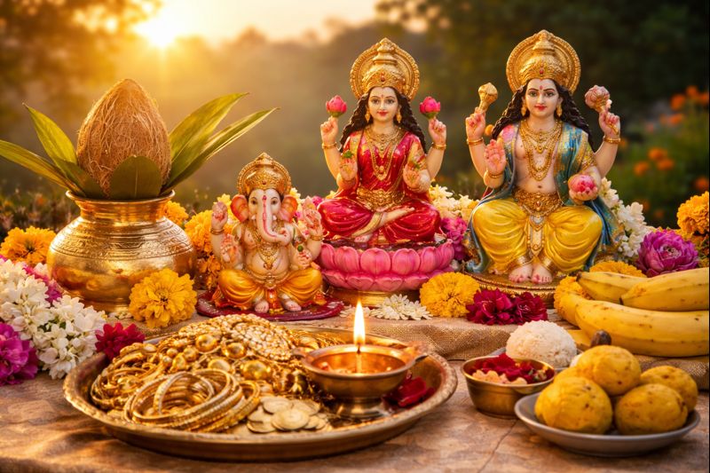 Akshaya Tritiya 2023 Date auspicious puja setup with offerings.