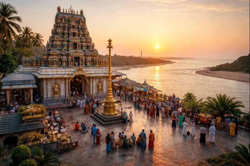 "Antarvedi Temple Donation Benefits scene at the sacred confluence of river and sea"
