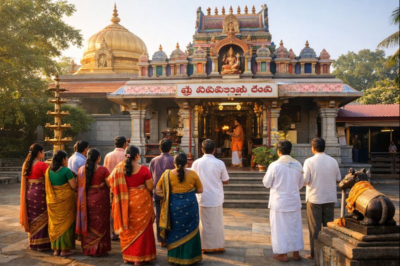 Bangalore Sri Nimishamba Devi Temple exterior and devotees during darshan