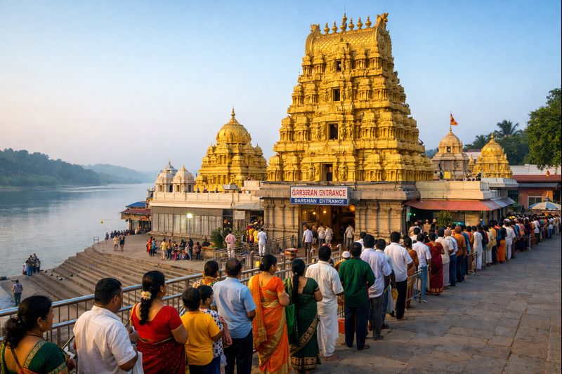 Bhadrachalam Temple Darshan Ticket pilgrims at temple entrance