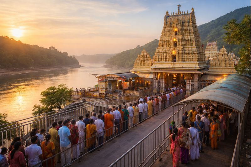 Bhadrachalam Temple Vip Darshan queue at sunrise.