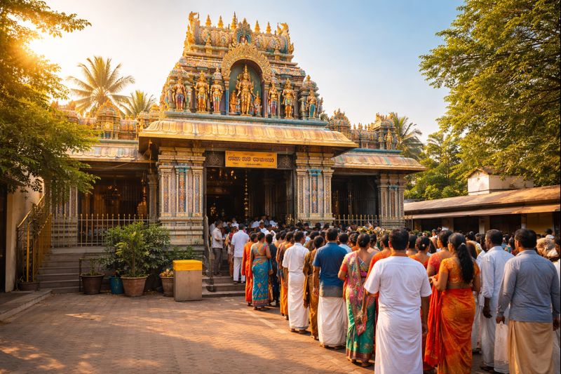 Bikkavolu Sri Subramanya Swamy Temple entrance with devotees.
