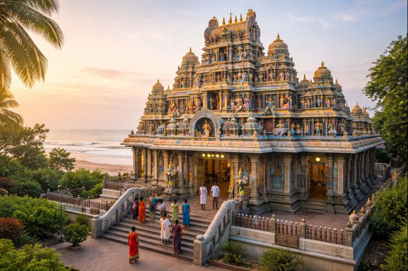 Chennai Ashtalakshmi Temple Timings and temple exterior with beach view