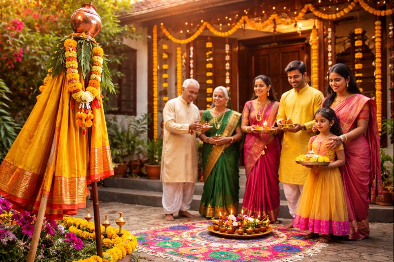 Gudi Padwa 2023 Date celebration scene with Gudi and traditional decorations