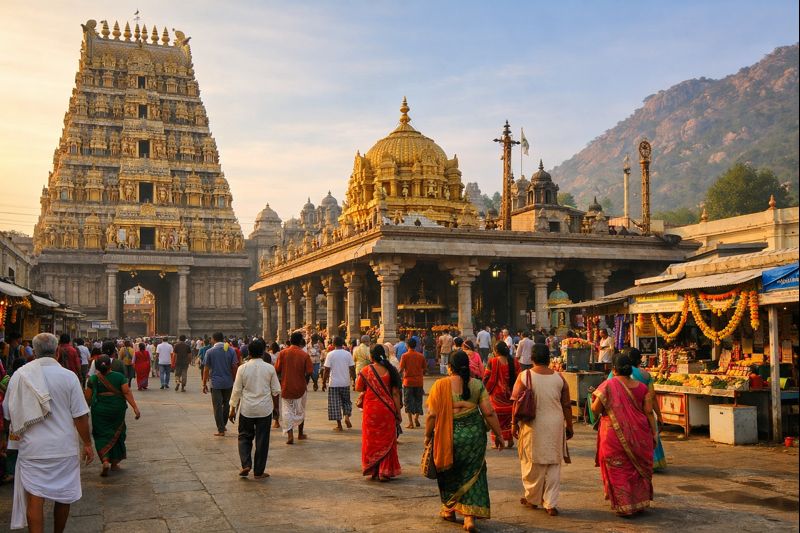 Kadiri Narasimha Swamy Temple exterior with devotees.