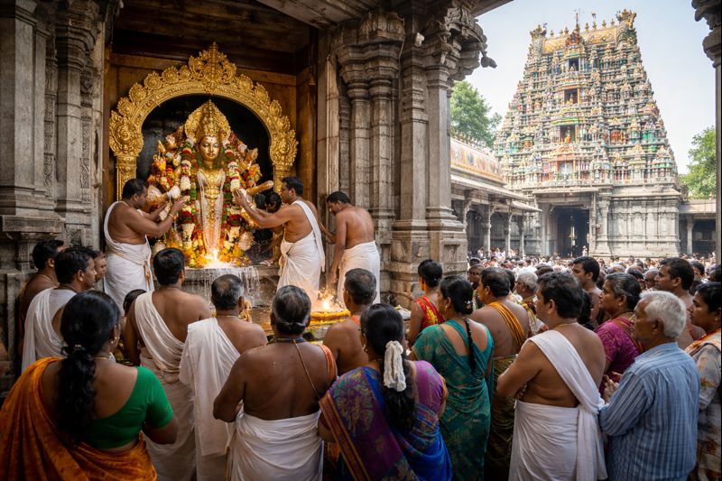 Kadiri Temple Abhishekam Timings with devotees and temple gopuram