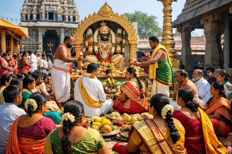 Kadiri Temple Kalyanam Timings travel guide with pilgrims at the temple.